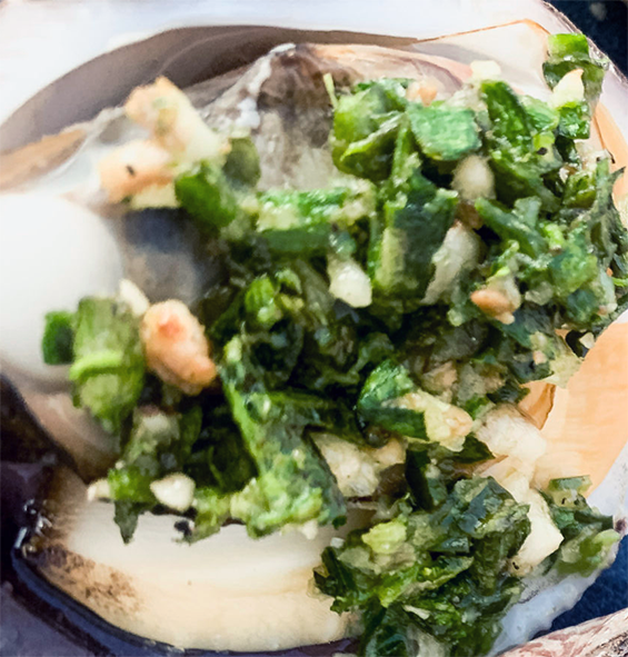 sea aster pesto served over halved unripe walnuts
