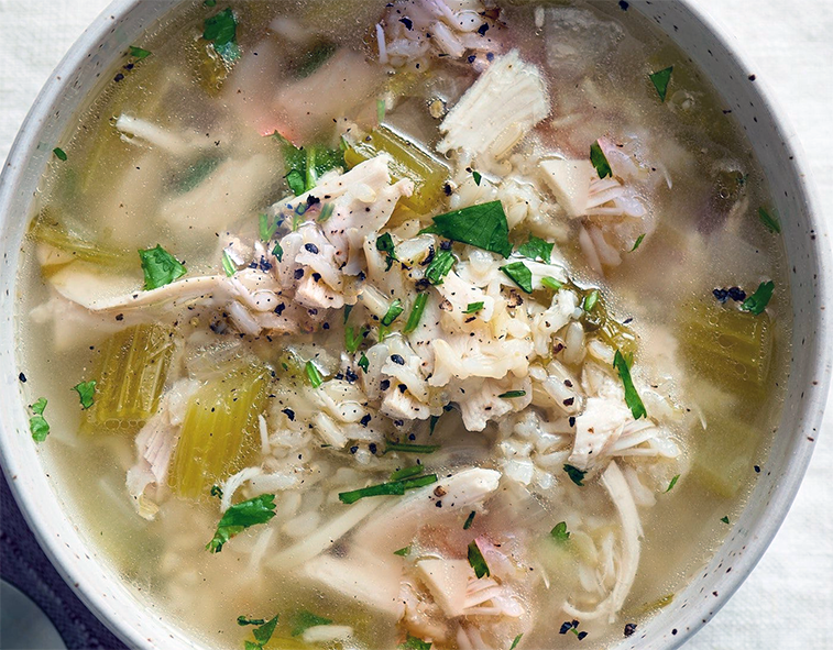 leftover chicken and rice soup in a bowl