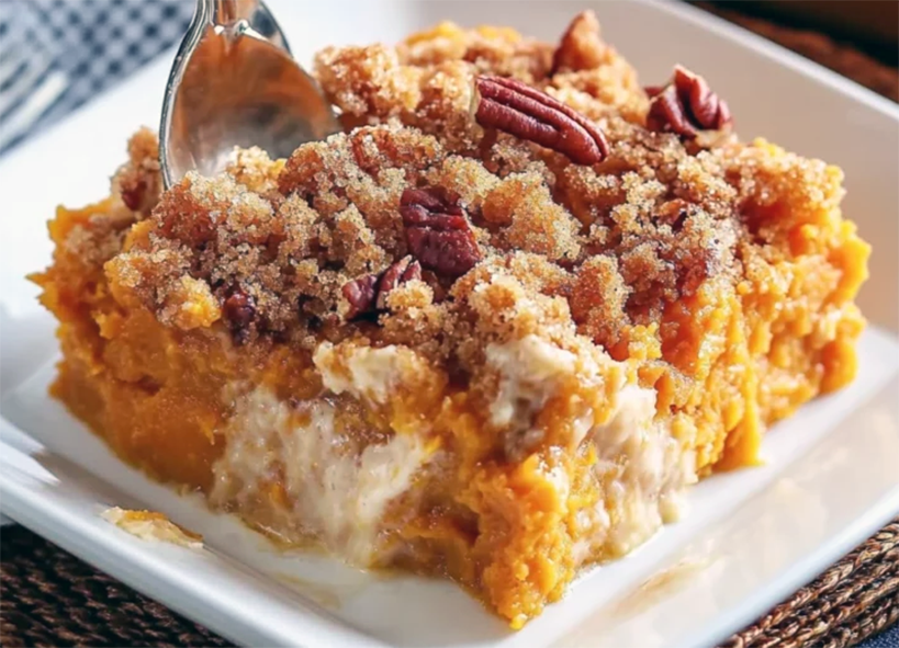 southern sweet potato casserole on a square plate