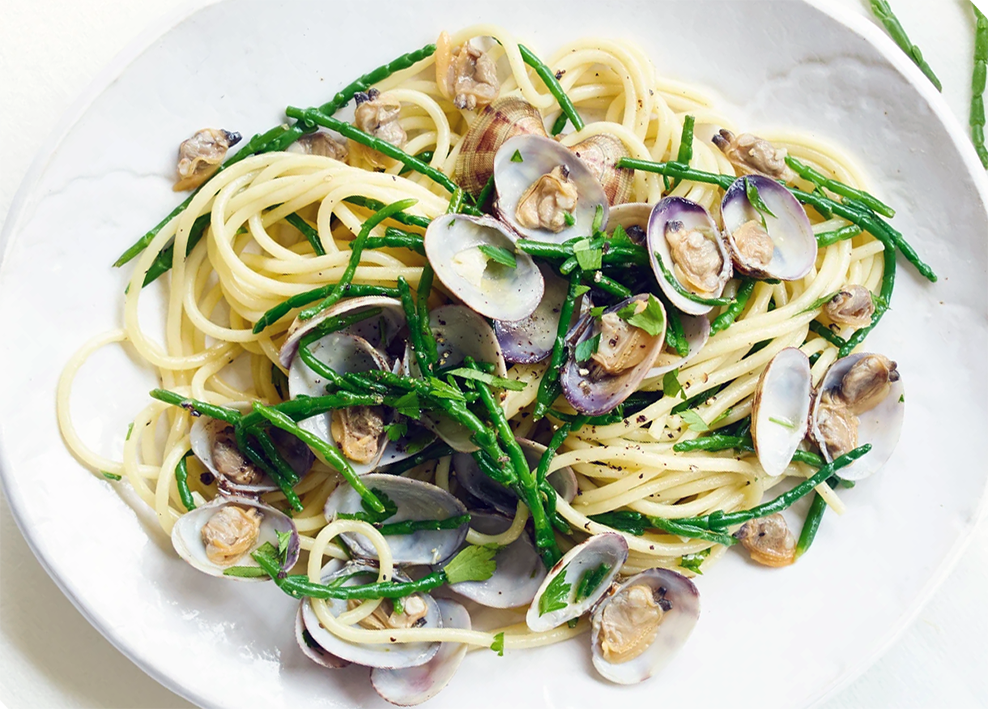 spaghetti tossed with clams in their shells and marsh samphire arranged on a pasta plate