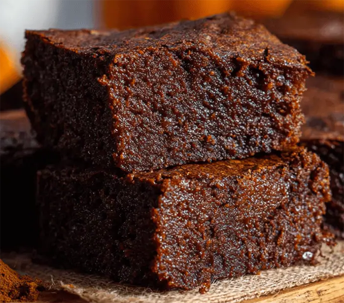 two spiced pumpkin brownies piled on a table