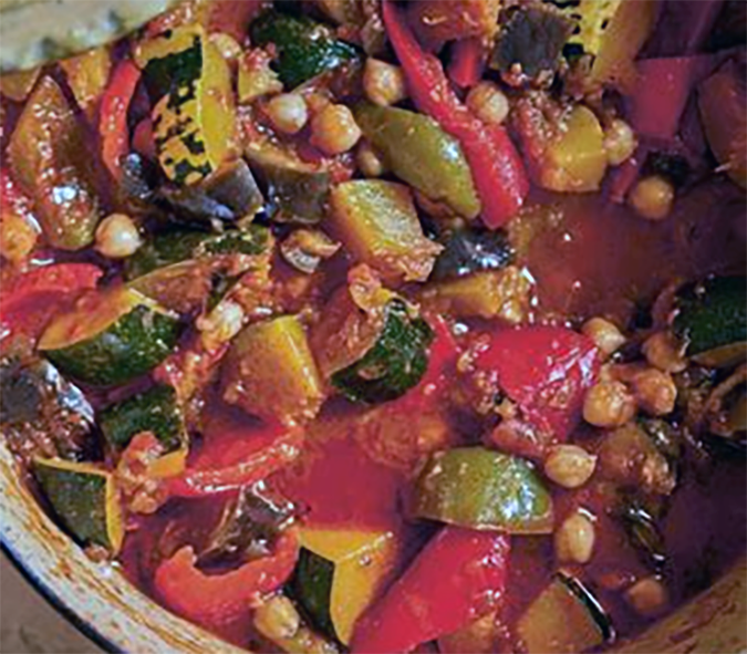 pumpkin and aubergine stew in a cast iron casserole