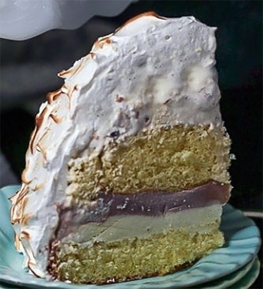 wedge of sponge cake baked alaska on a plate