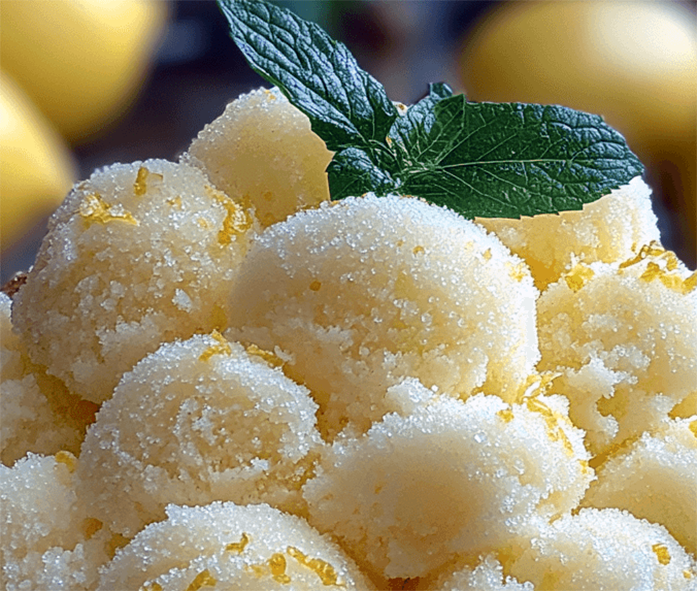 ball of st clements, orange and lemon, sorbet piled up and garnished with a sprig of mint