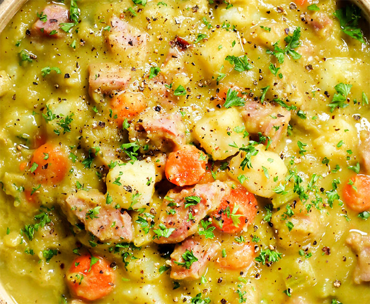 beef, split pea and vegetable soup thickened with barley