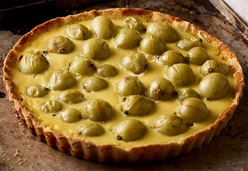 gooseberry and egg custard tart on a baking tray