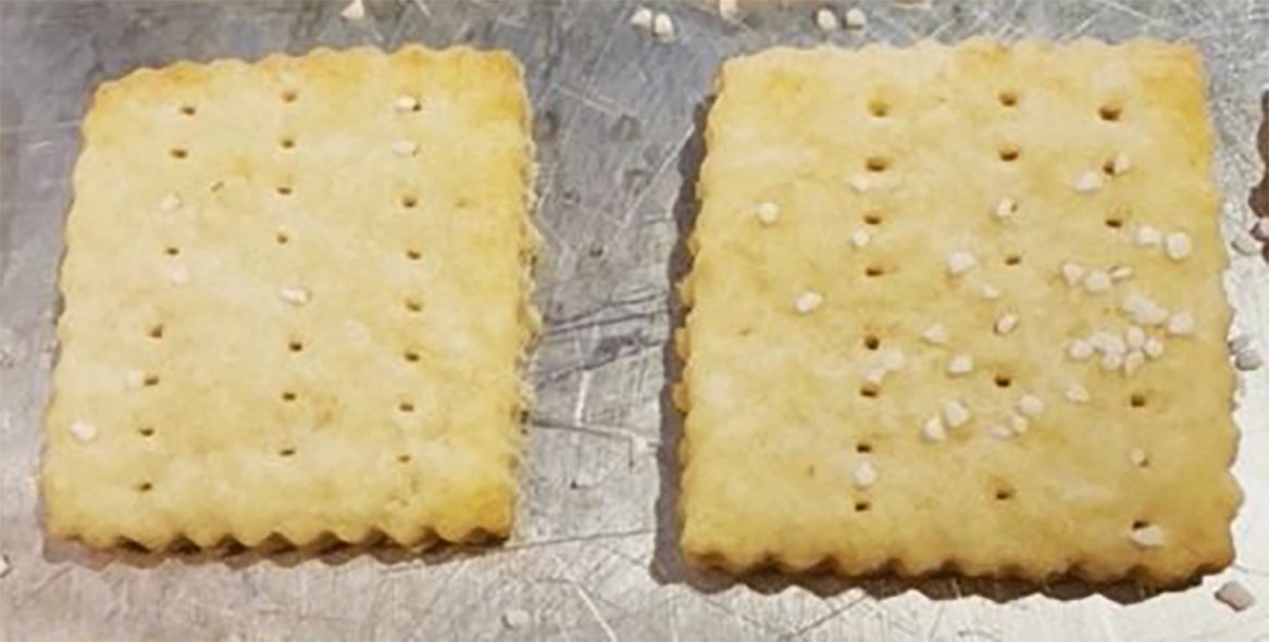 two home-made soda crackers on a baking tray