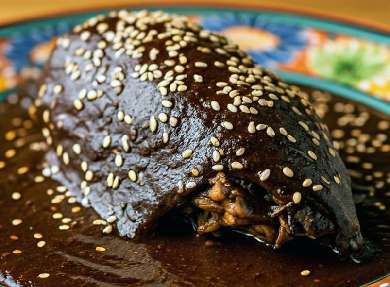 piece of turkey breast smothered in mole poblano sauce