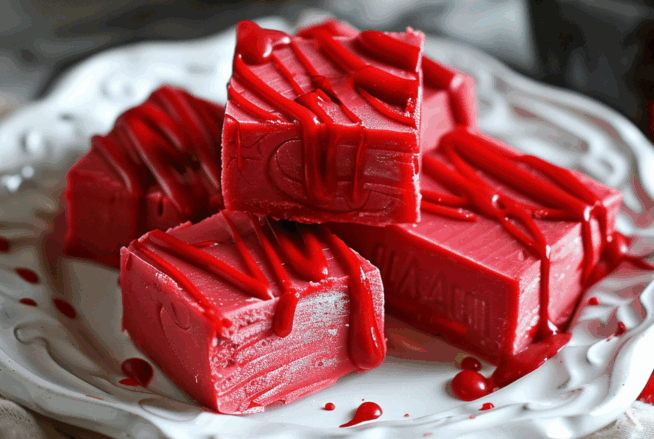 squares of vampire blood fudge mounded on a plate