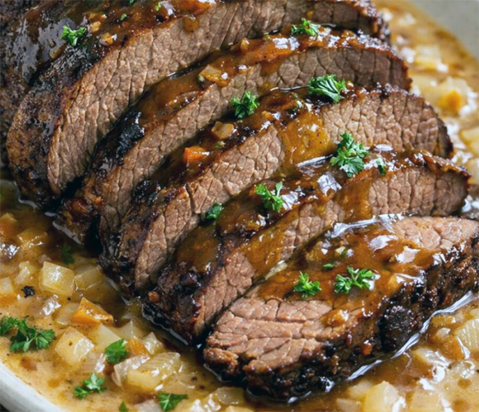slow braised beef rump on an onion and bone stock base