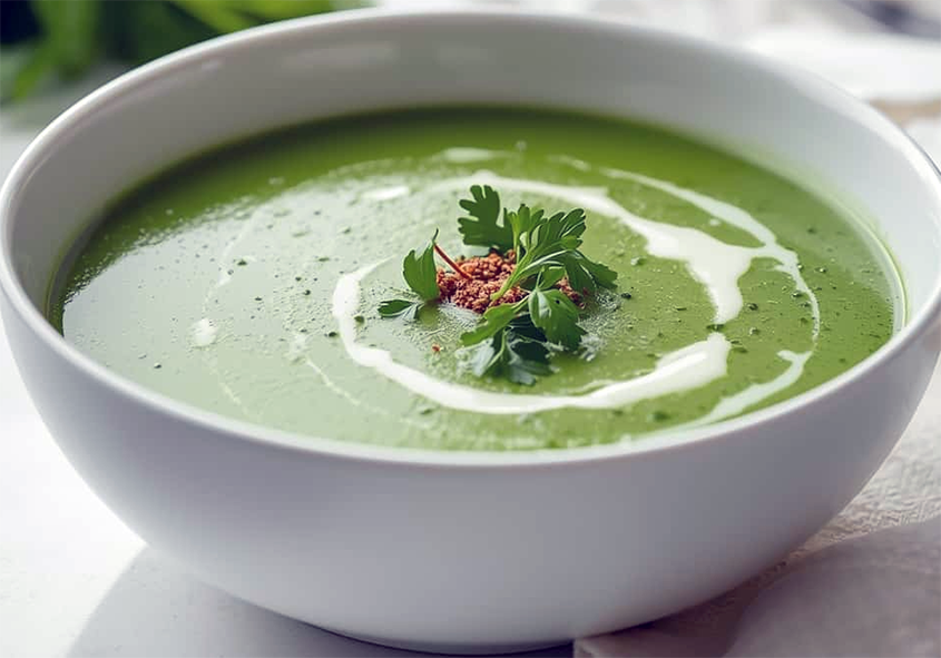 watercress and ramson soup in a bowl garnished with a swirl of cream