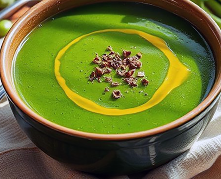 vibrant wild spring greens soup in a soup bowl