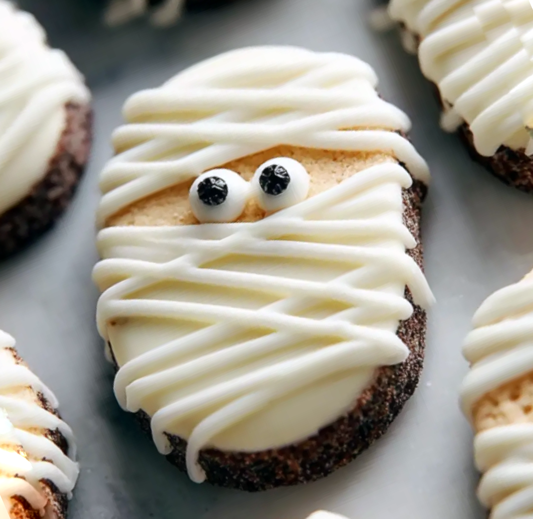mummy cookies on a kitchen counter
