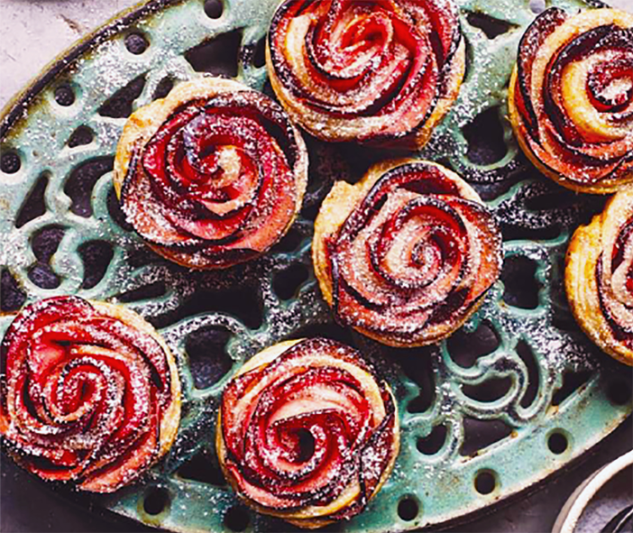 caramelised apple rose tarts on a trivet