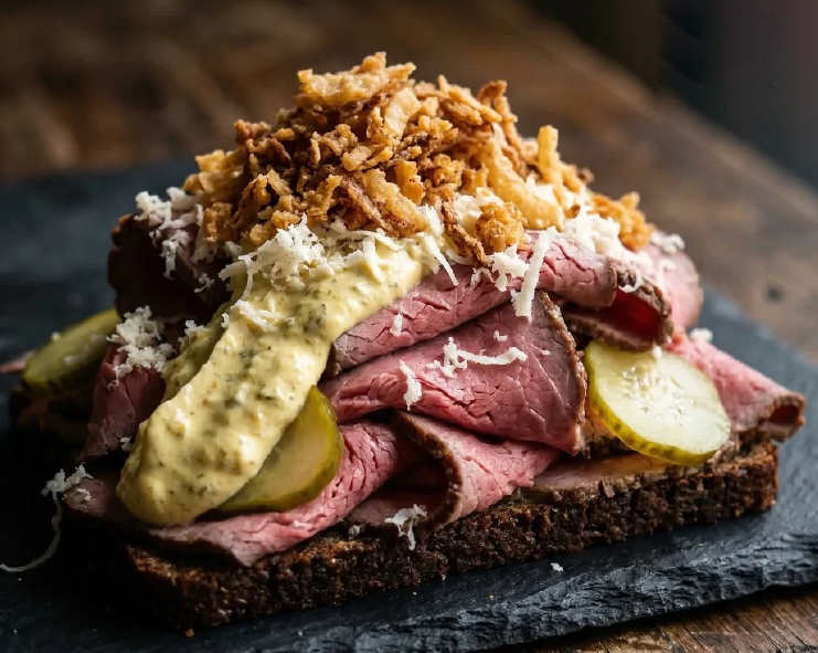 Danish smorrebrod or open sandwich of beef and pickles topped with curry remoulade and crisp-fried onions