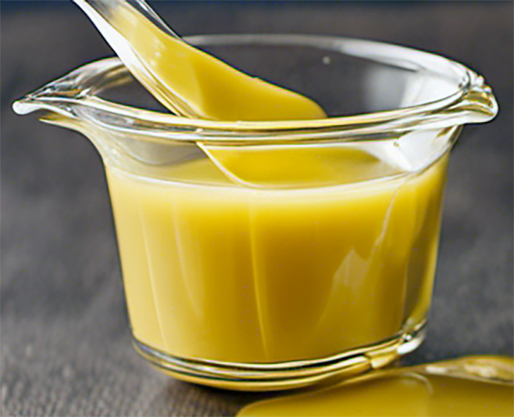 Thickened melted butter sauce in a small glass dish with a glass spoon sitting on a wooden table