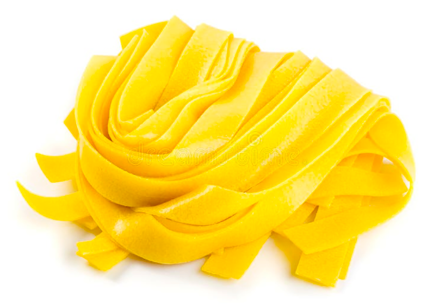 hazel pollen noodles curled up against a white background