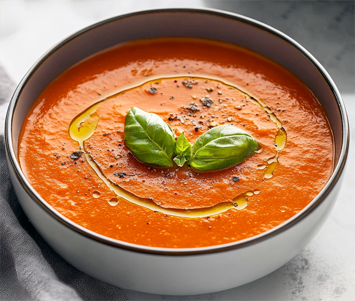 iced tomato and basil served in a bowl garnished with a swirl of olive oil and a sprig of basil