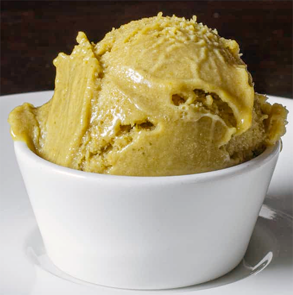 Japanese knotweed sorbet in a white ceramic bowl