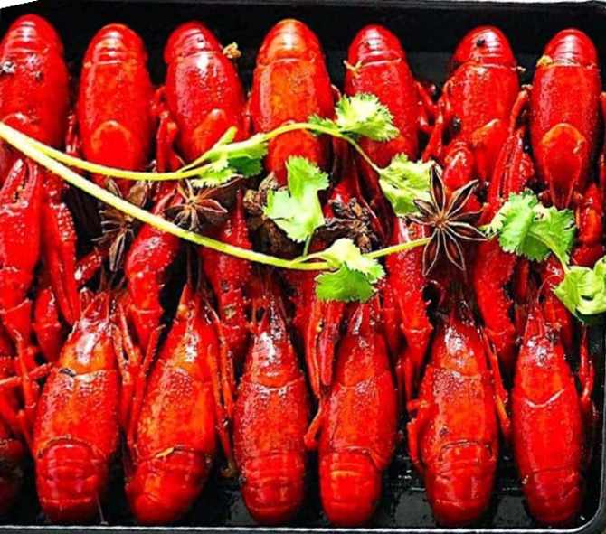 Jingsu crayfish arrainged in a roasting tin garnished with a sprig of coriander