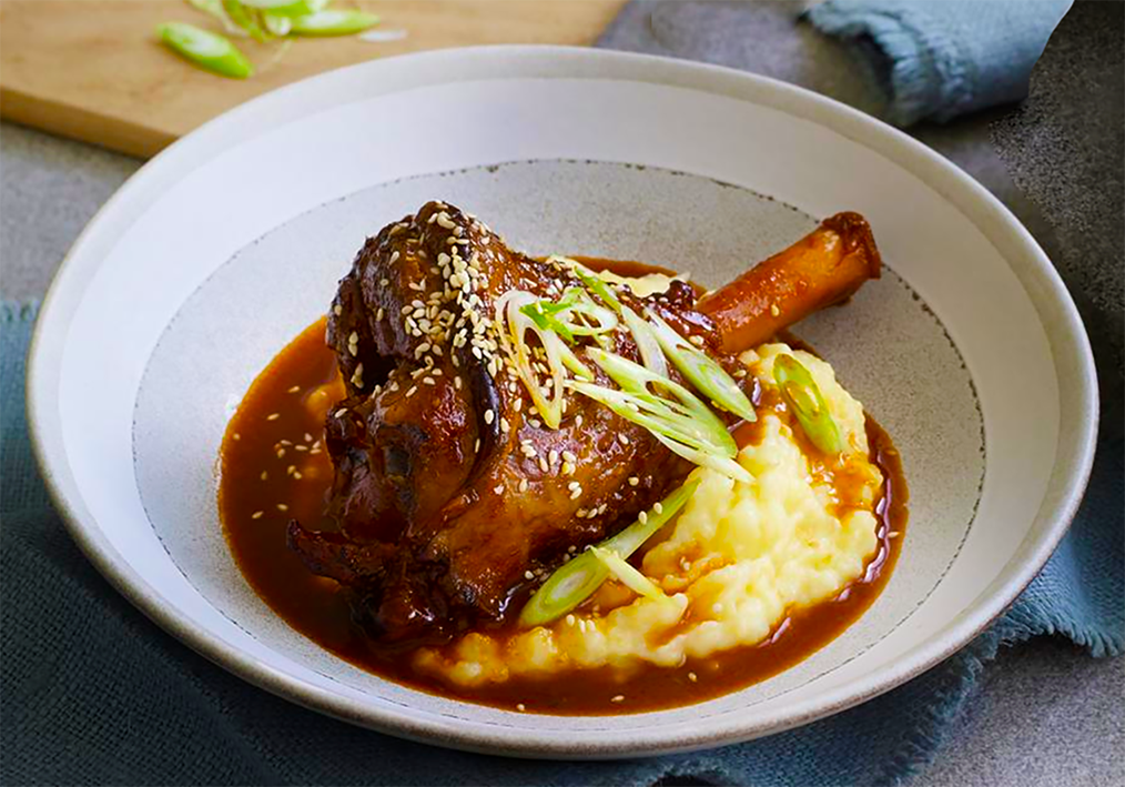 korean-flavoured lamb shank on a bed of potato mash served in a bowl