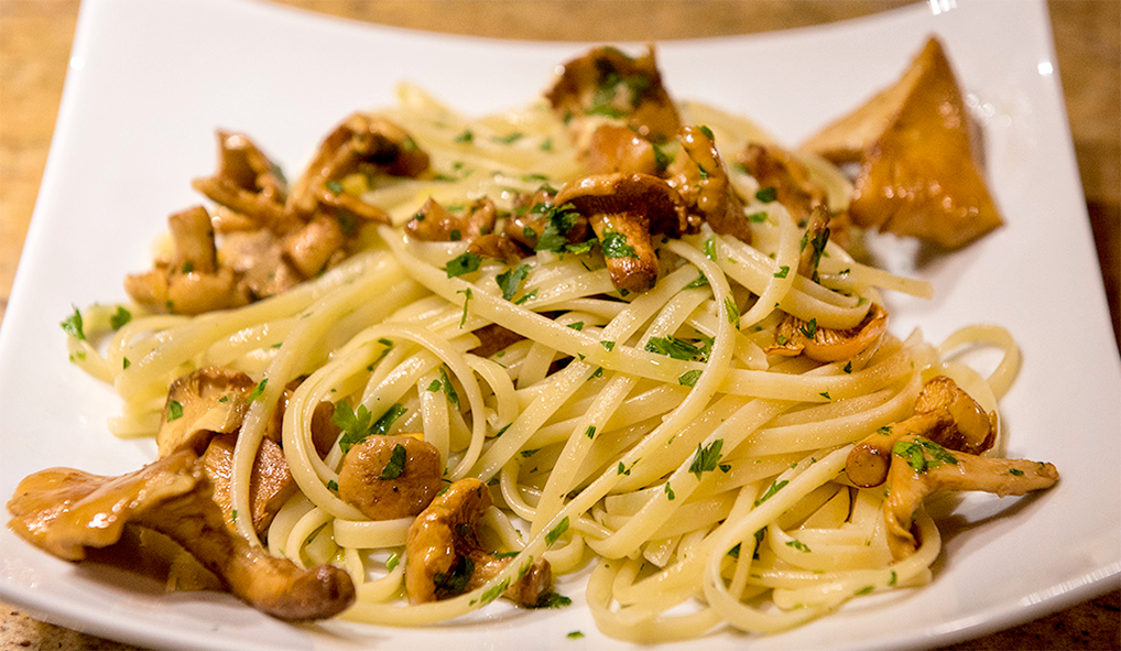 linguine pasta with chanterelles and leeks in a wine sauce with thyme leaves