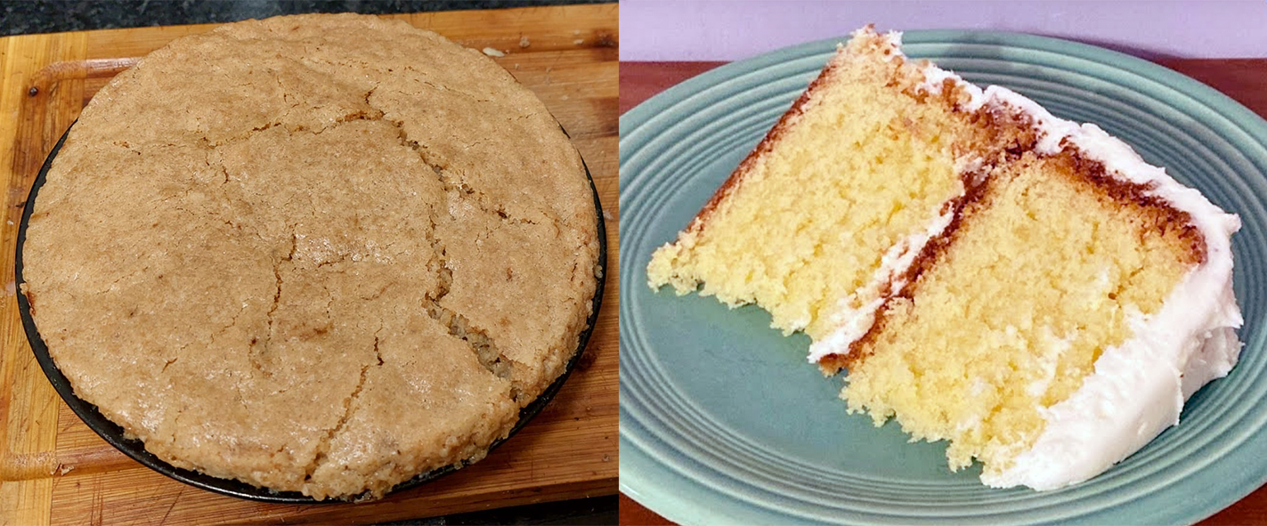 single cake tin sponge (left) and two layers made into a sandwich cake (right)