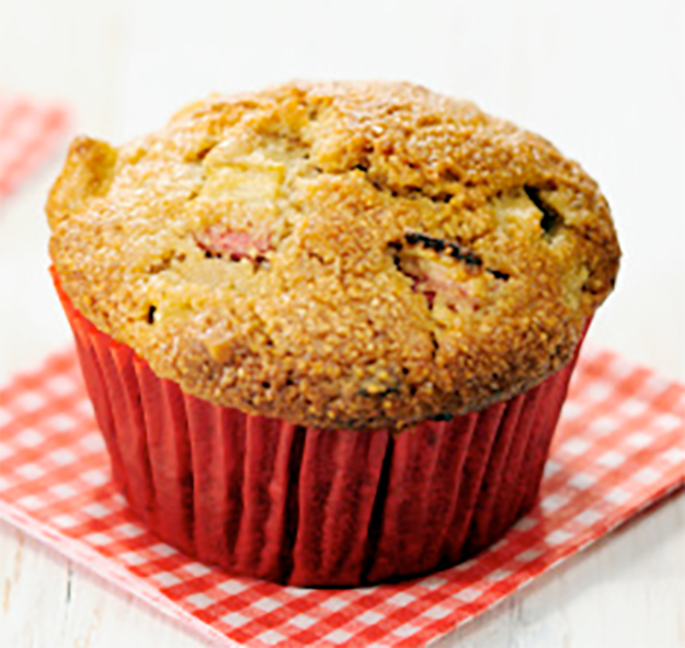 rhubarb and walnut muffin on a red check square