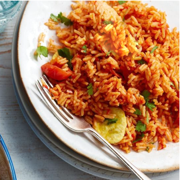 vegetarian jollof rice piled on a plate
