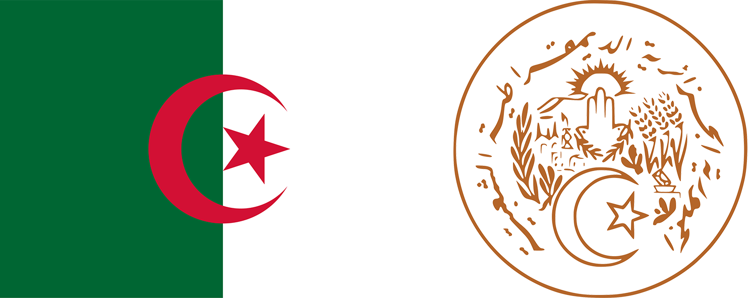 The flag and coat of arms of Algeria.