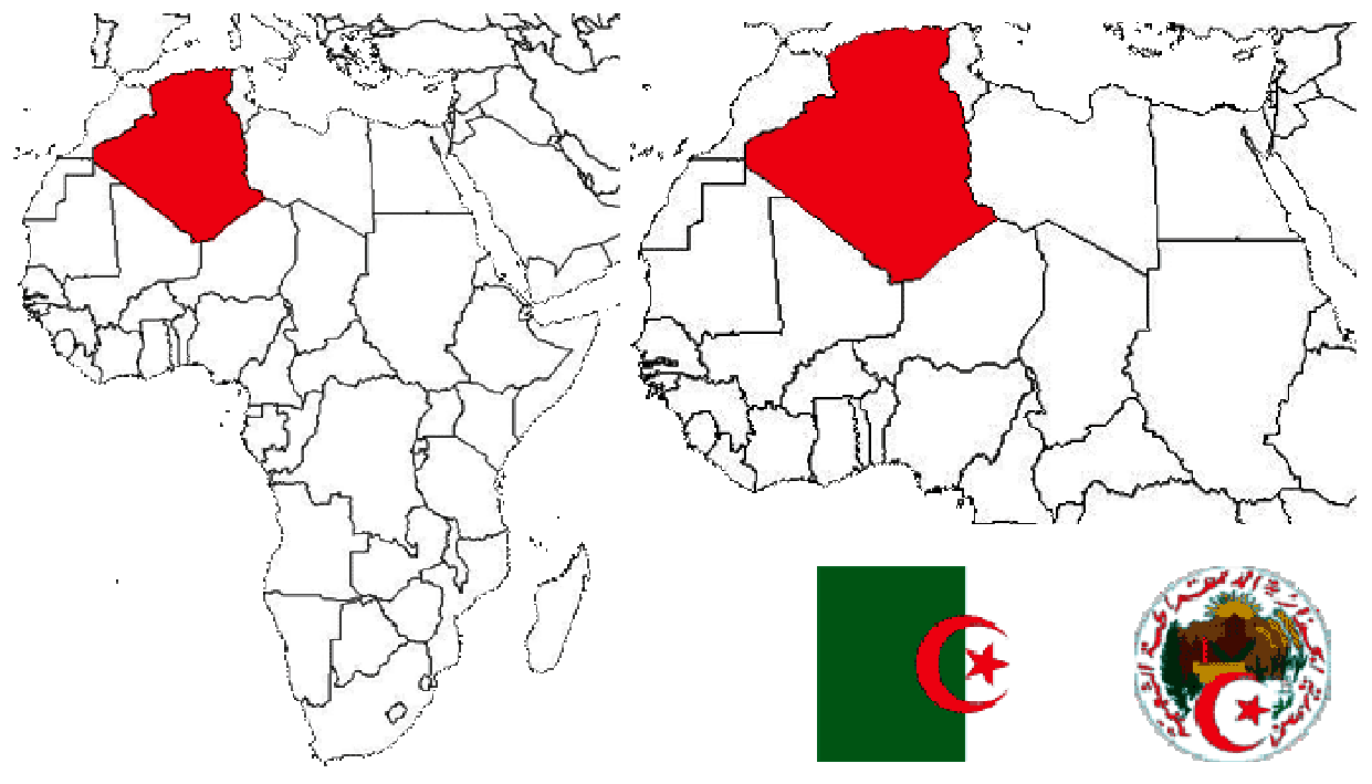 image of Algeria, in relation to Africa (left) and North Africa (right).