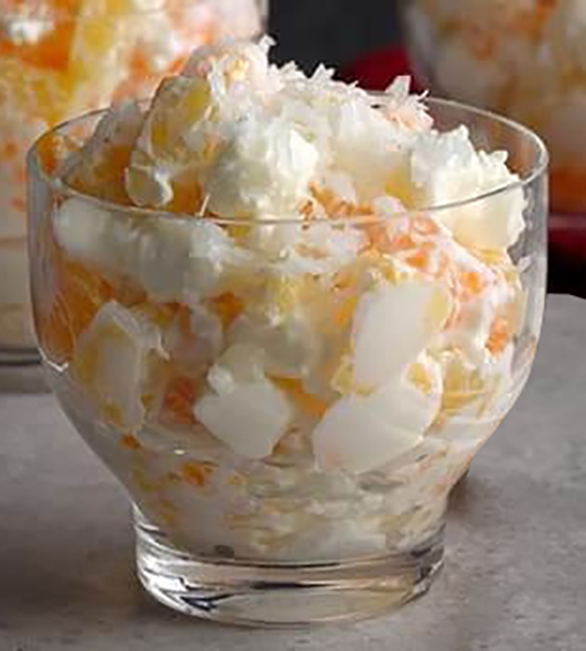 ambrosia dessert in a glass serving dish