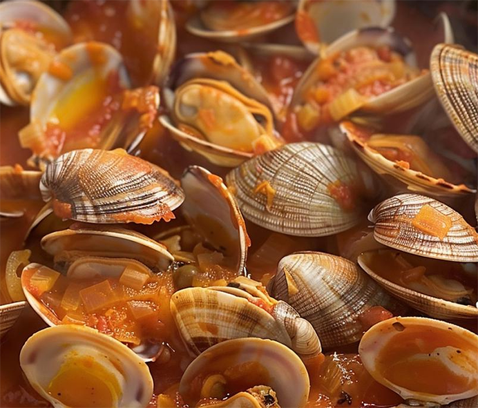 clams in a beer, milk and tomato base