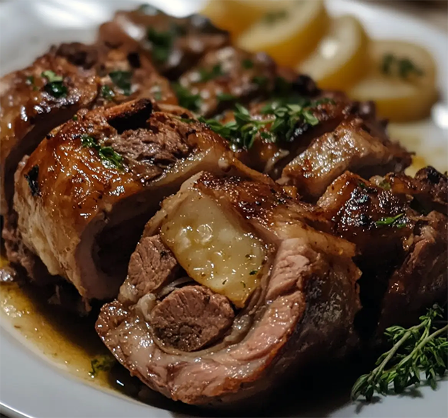oven-roasted lamb served with potatoes