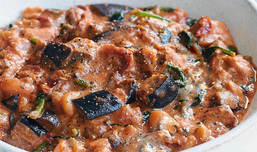 stew of aubergine and pumpkin in a peanut butter sauce