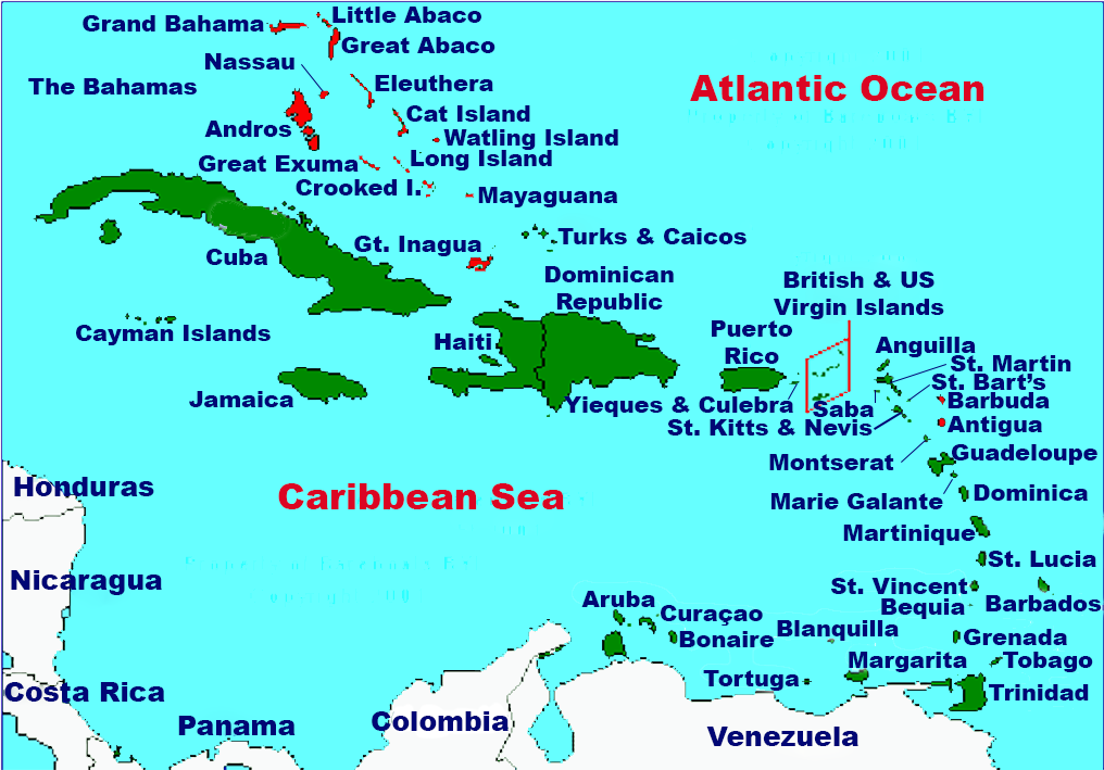 Location of The Bahamas in the Caribbean.