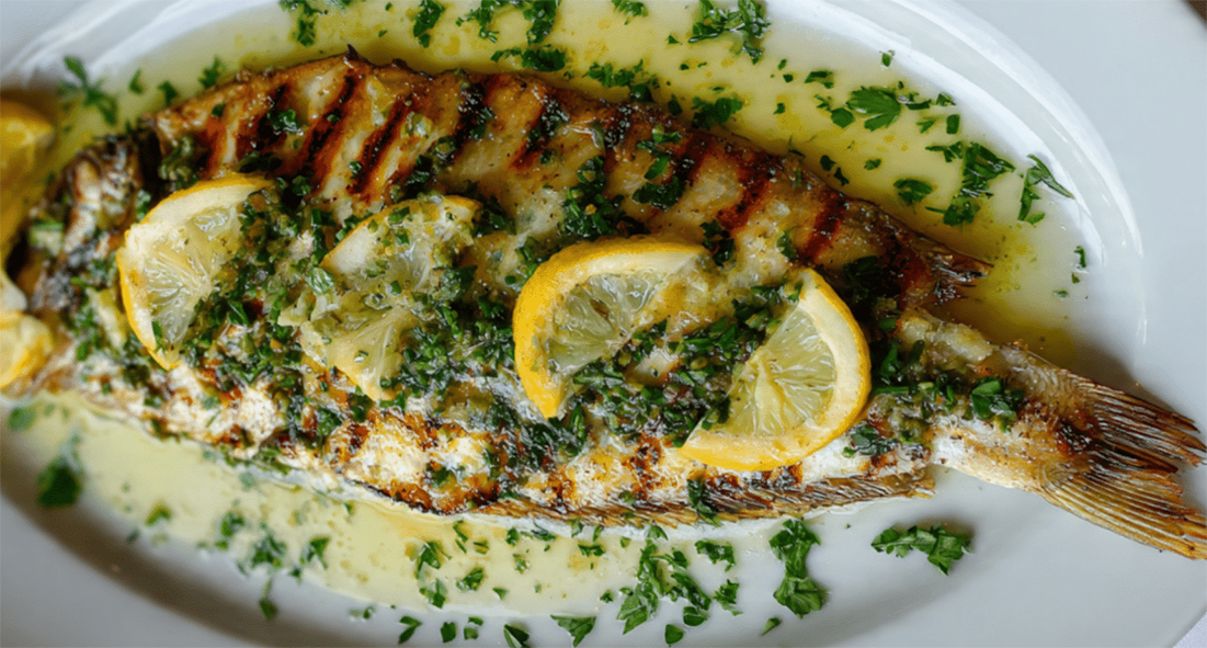 barbecued whole sole served garnished with lemon slices and parsley butter