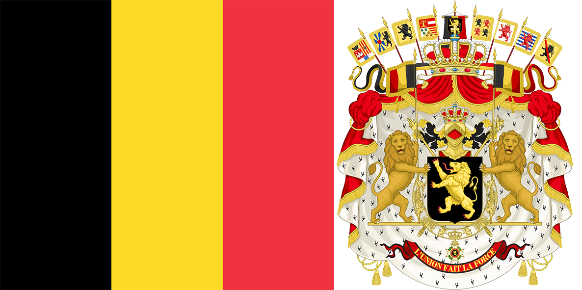 The flag and coat of arms of Austria.