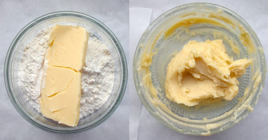 Preparing beurre manie by blending butter with flour to form a paste