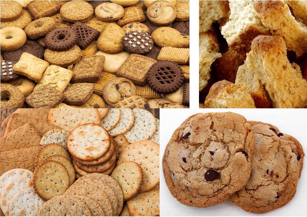 Examples of biscuits, rusks, cookies and crackers.