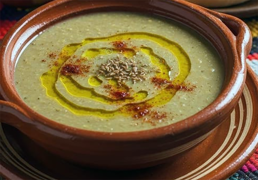 broad bean soup in a tagine served garnished with olive oil and paprika