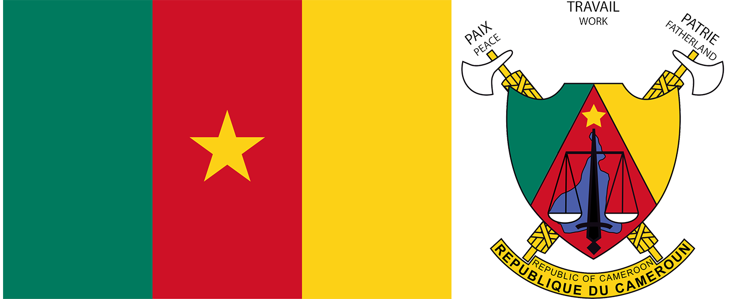 The flag and coat of arms of Cameroon.