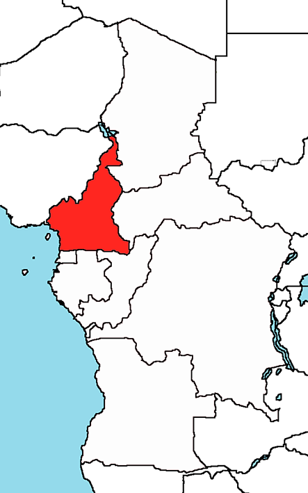 image of Cameroon, in relation to Central Africa (right) with the flag and coat of arms inset