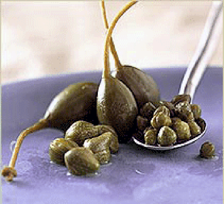 Capers and caperberries arranged on a plate