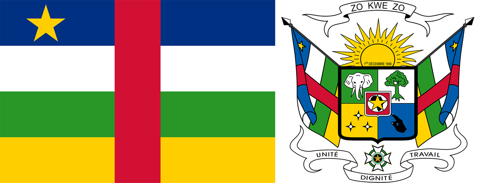 The flag and coat of arms of the Central African Republic.