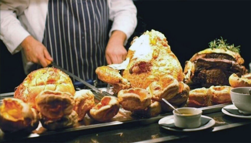 Roast meat at a carvery.