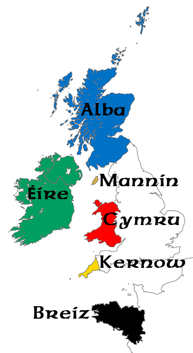 Map of the British Isles and Western Franch showing the location of the Celtic Nations.