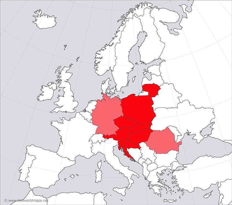 The map of Europe with Central Europe in Red.