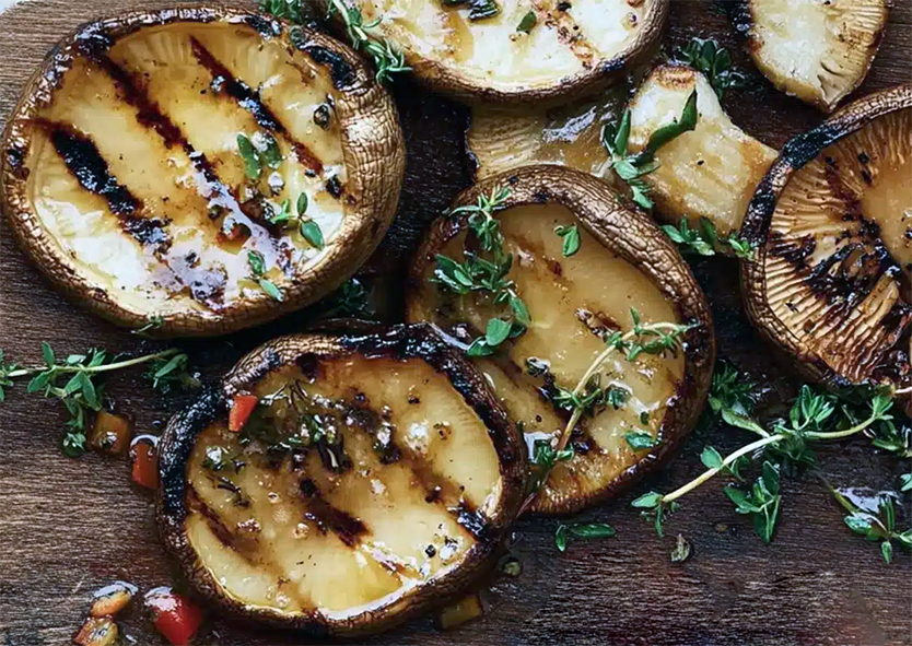 barbecued shiitake mushroom caps on a wooden board with thyme sprigs