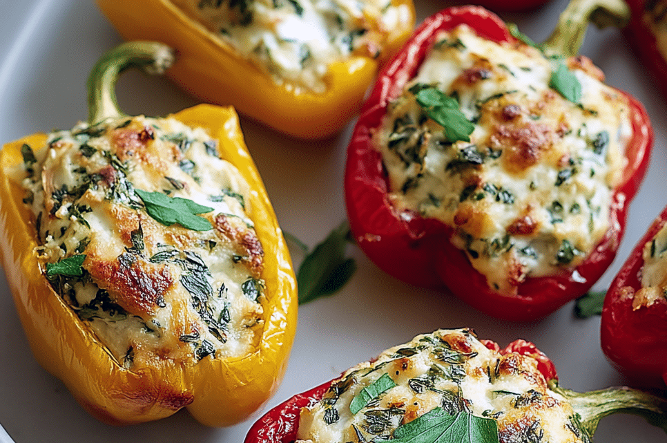cheese-stuffed bell pepper halves on a white plate
